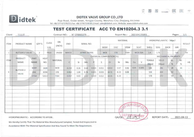 Certificado de prueba de válvula de mariposa ACC a EN10204.3 3