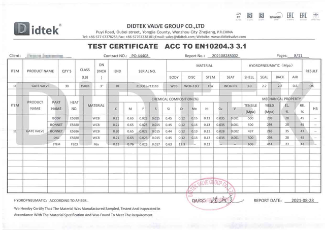 Certificado de prueba de la válvula de puerta ACC a EN10204.3 3